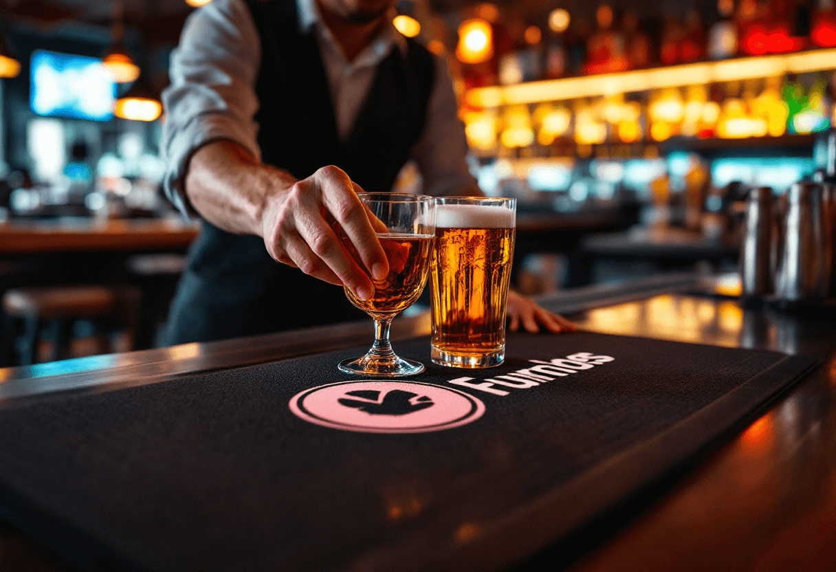 intérieur comptoir bar avec tapis de bar imprimé sous des verres