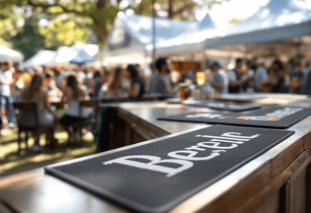 scène festival bière avec tapis de bar personnalisés sur comptoirs